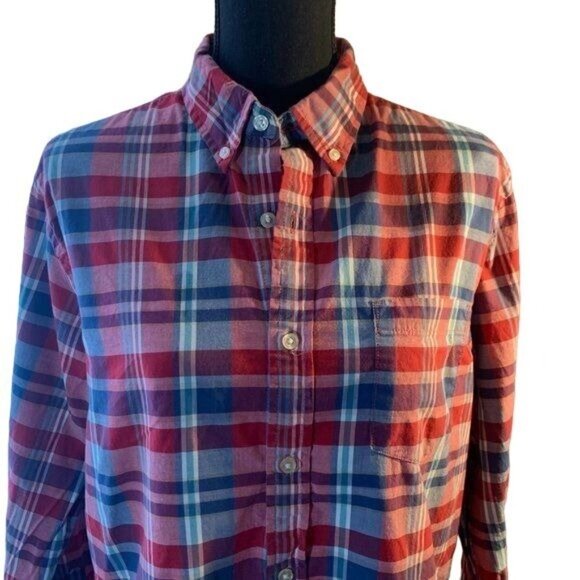 Women's Sonoma button front oxford 100% cotton red, white and blue plaid button - Picture 2 of 3